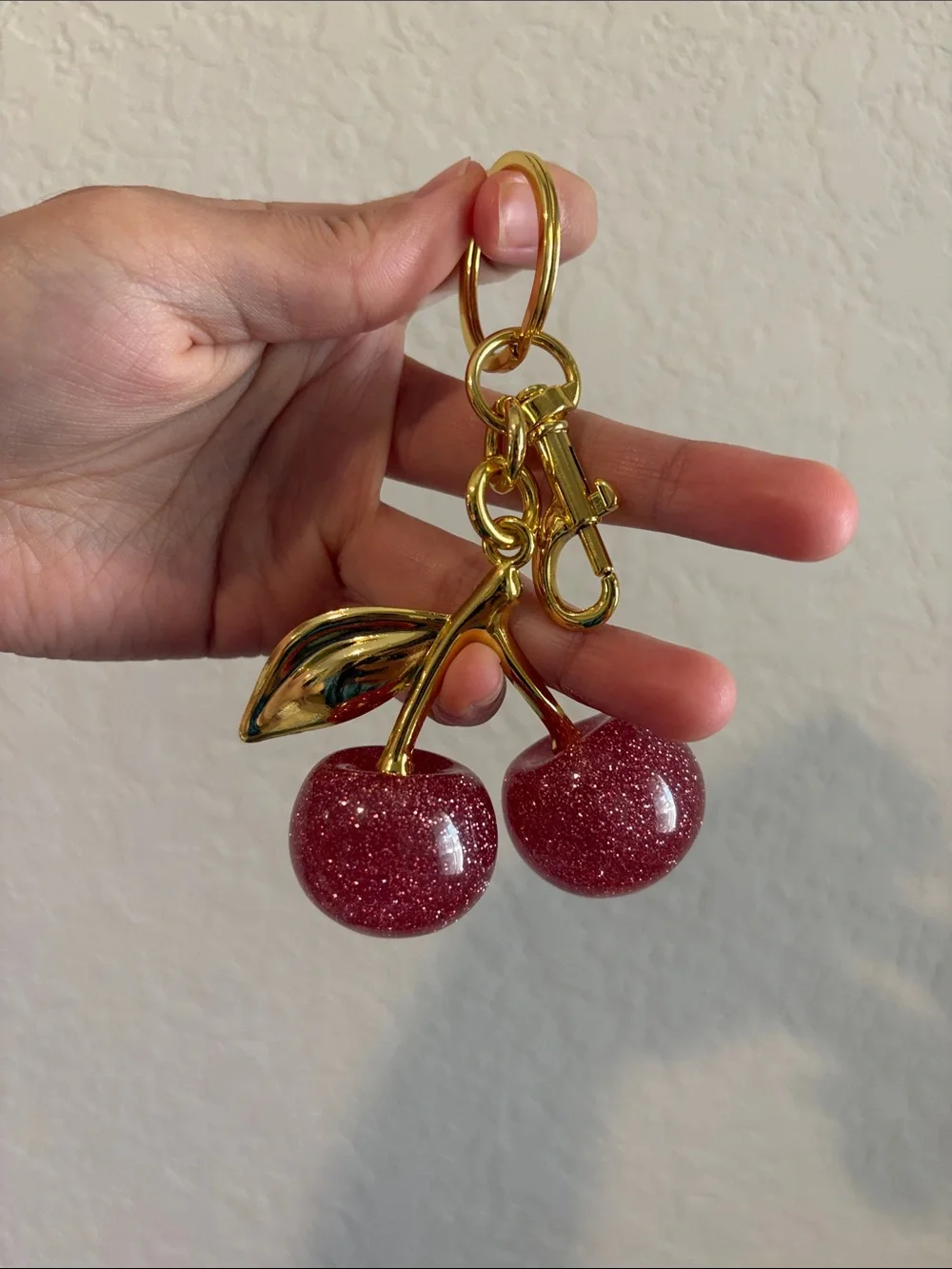 NWOT Gold Cherry Keychain with Sparkling Pink Charms